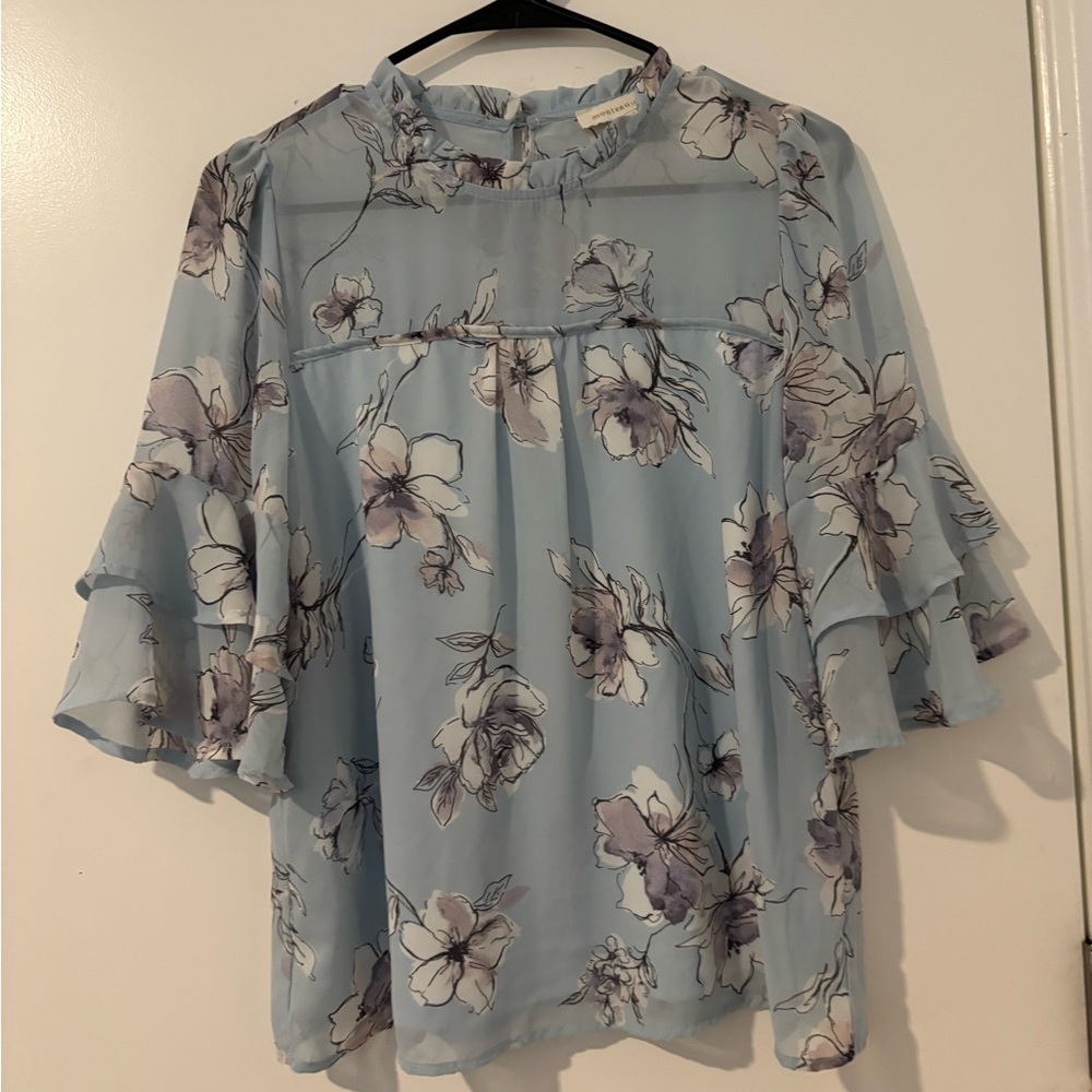 Monteau Blue and Pink Bell Sleeve Blouse with Mandarin Collar